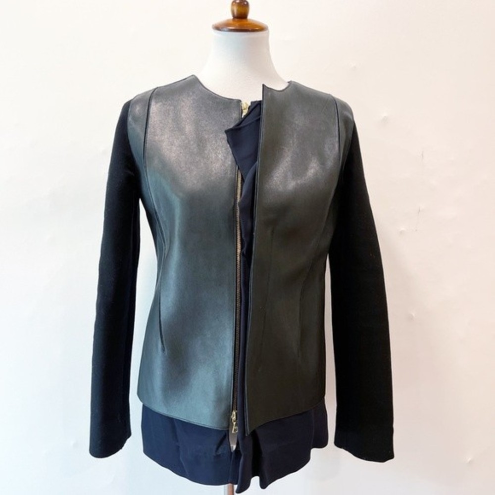 Marni Navy & Black Leather, Chiffon & Wool Jacket Size 42